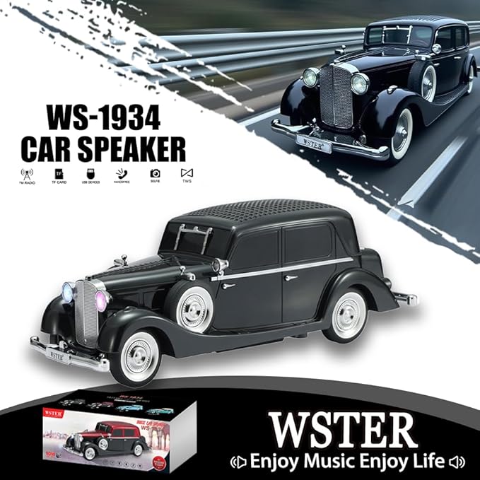 WS-1934 Retro Classic Car Bluetooth Replica Speaker – Wireless HD Sound with FM Radio,TWS Stereo,LED Party Lights,Built-in Microphone Hands-Free Call, Surprise Portable Gift for Party Use(Black)
