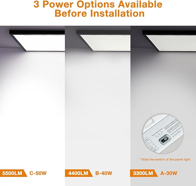 Mcacggo Black 2x4 FT LED Flat Panel Light Surface Mount 2 Pack, 0-10V Dimmable, 5000K-4000K-3000K & 30W-40W-50W Selectable, Flush Mount Ceiling Lights 24x48 inch, ETL Listed, 100-277V