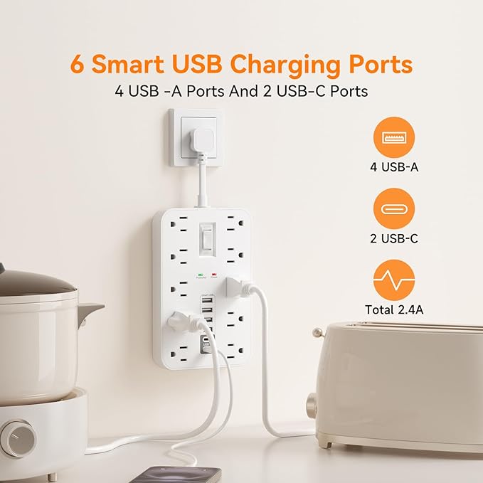 Short Extension Cord with USB and USBC Ports, Flat Outlet Extender with 10 AC Outlet 6 USB, 1 Switch & 2 LED Indicator, USB Wall Power Strip for Multiple Devices, for Home, Office, Dorm Essentials