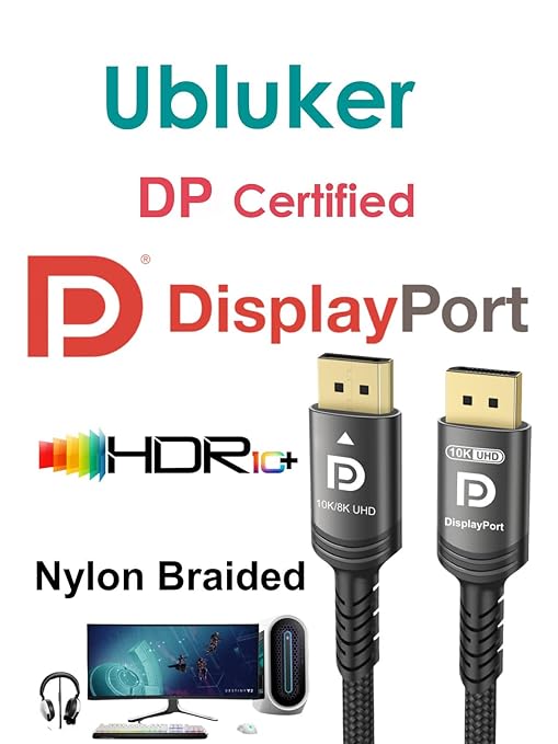 Ubluker 10K 8K DisplayPort 2.1 Cable 54Gbps 6.6 FT, Certified DP to DP Cord 4K 240Hz 165Hz 144Hz 120Hz 10K 8K 120Hz Nylon Braided UHBR HDCP2.3 FreeSync G-Sync RTX5090 Gaming Monitor PC Projector