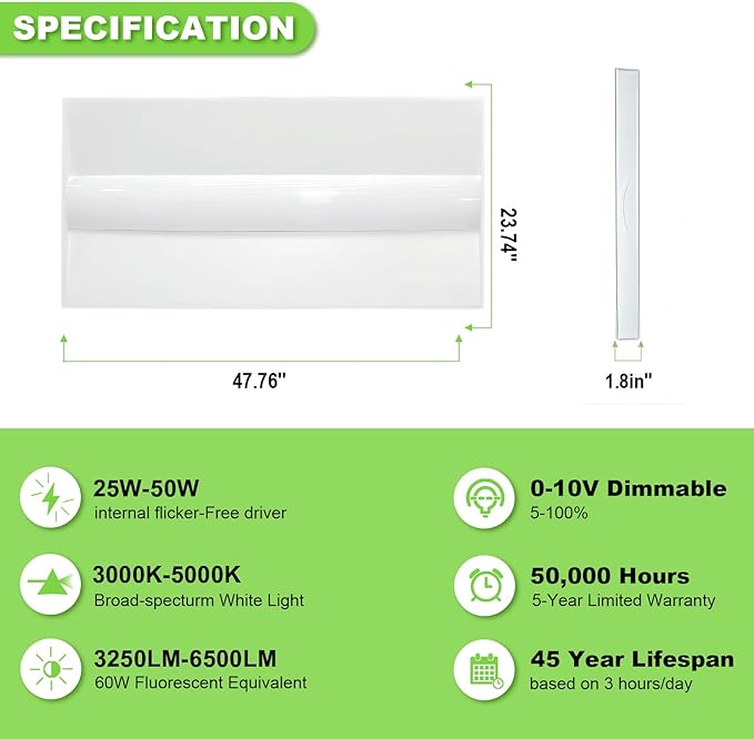 Cortelco 2x4 LED Troffer Light-25W/30W/35W/40W/50W,Up to 7500 Lumens,4 CCT Selectable 3000K/3500K/4000K/5000K,0-10V Dimmable Drop Ceiling Panel,100-277V,ETL & DLC Listed,Commercial Grade,2 Pack