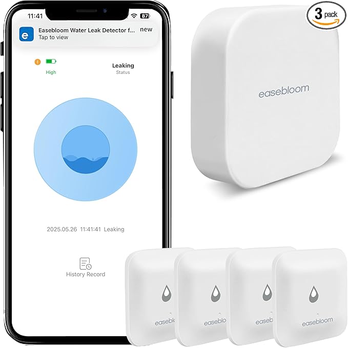 Easebloom Water Leak Detector for Home - Hub & Mini Water Leak Sensor 4-Pack,App Notifications,Sensors for Kitchen/Bathroom,Smart Water Leak Sensor