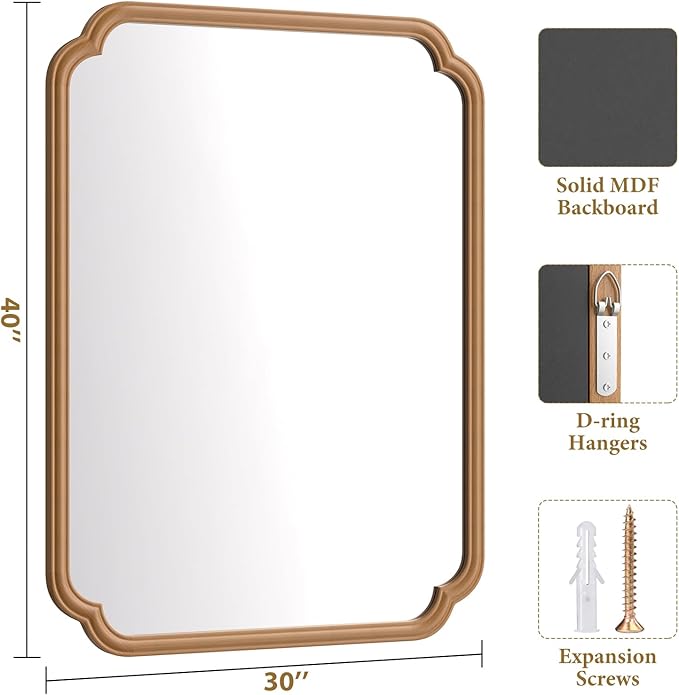 Wood Bathroom Mirror for Over Sink, 30" x 40" Modern Rounded Corner Rectangle Wall Mirror for Bathroom Vanity Decorative with Rustic Wooden Framed (Horizontal/Vertical)