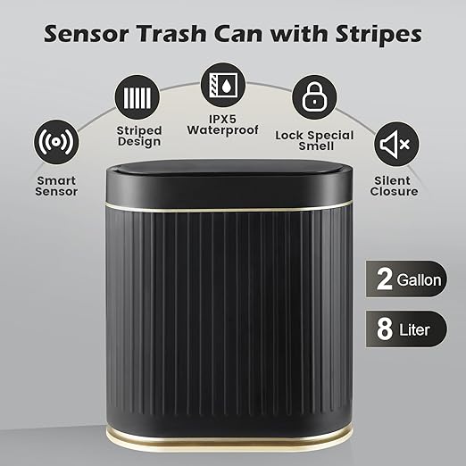 Bathroom Sensor Trash Can with Lid Automatic 2 Gallon Small Sensor Garbage Bin, 7.5 Liter Motion Sensor Smart Rubbish Bin Bathroom Decor, Slim Waterproof Plastic Garbage Can, Black Gold