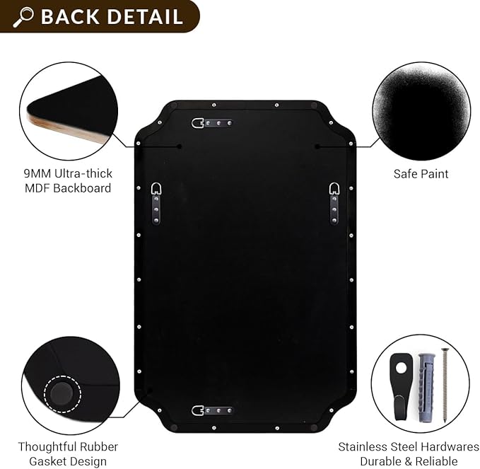 ANDY STAR 30x48 Inch Large Mirror, Matte Black Rectangle Mirror for Wall, Bathroom Mirror in Premium Stainless Steel Metal Thin Frame Deep 1’’, Unique Scalloped Edge, Hangs Vertically/Horizontally