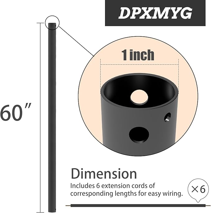 DPXMYG 60 inch Ceiling Fan Downrod with Extension Cord, 5 FT Black Downrod for Ceiling Fan, 1 inch Outside Diameter, Ceiling Fan Boom Suitable for a Wide Range of Fans (Black, Not Threaded)