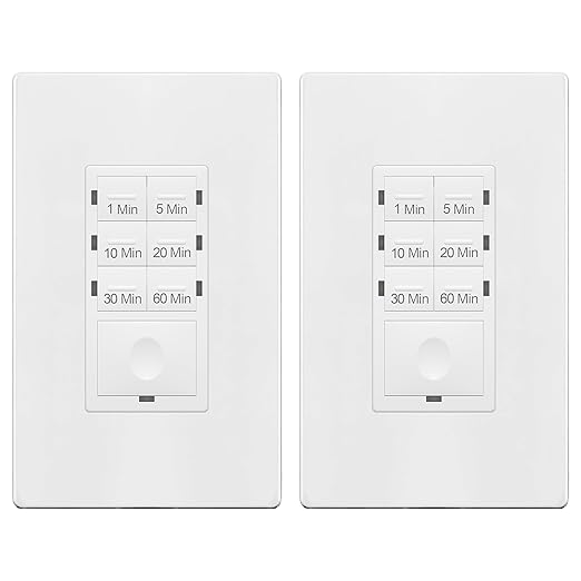 ENERLITES 1-Hour Light Switch Timer, Countdown Wall Timer for Bathroom Fans, Heaters, No Neutral Required, 1-5-10-20-30-60 Min, 120VAC 800W, UL Listed, HET06-J6-W, White, 2 Pack
