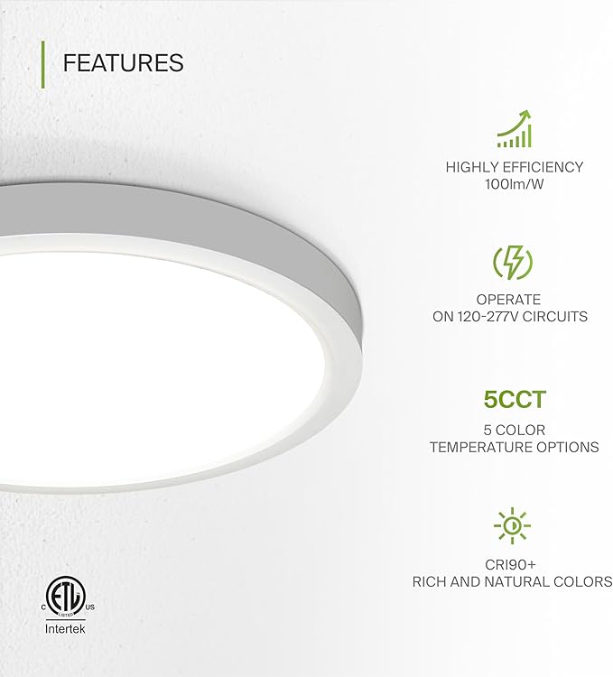 ASD LED 18" Round Flush Mount Ceiling Light Fixture, Low Profile Surface Lighting | 5CCT, Dimmable, Ultra-Thin, ETL Listed | 32W 2600LM 2700-6000K 100-277V | Kitchen, Bedroom, Hallway Lamp | White