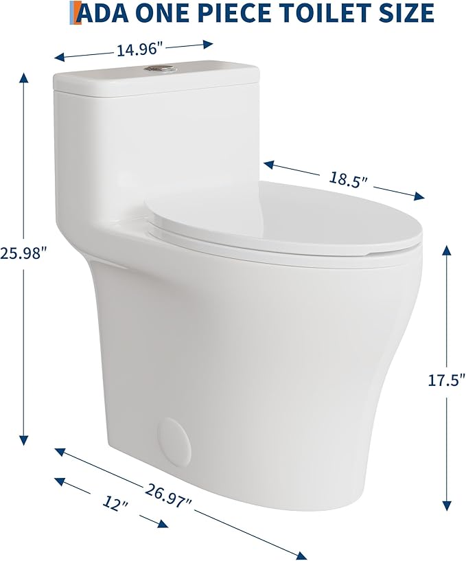 One-Piece Toilets, Low Water Tank, ADA 17.5" Seat Height, Water-Saving Design, Compact Modern Bathroom Toilet