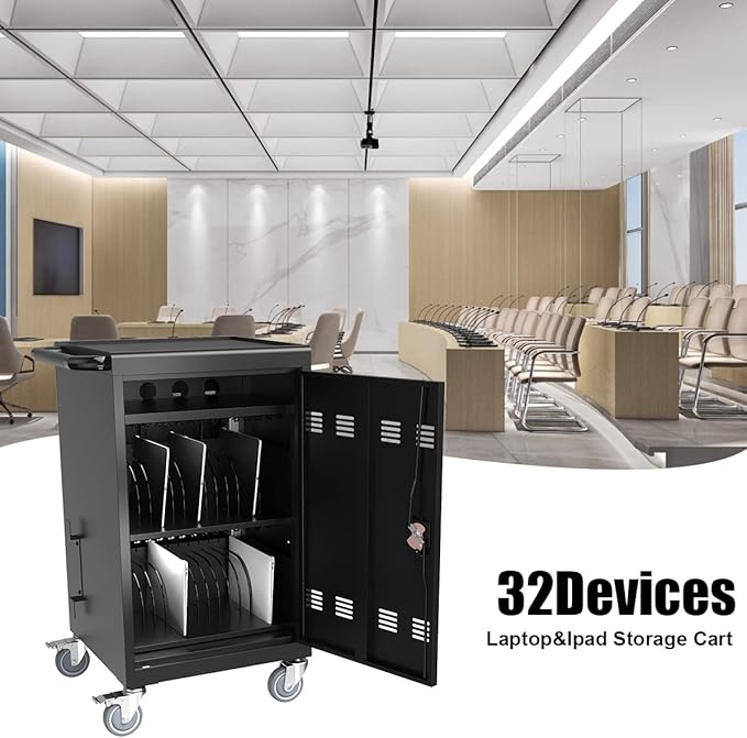 32 Device Mobile Charging Station for Laptops/Tablets/iPads/Chromebooks,32 Bay Lockable Charging Cabinet with Cable Management & Power Strip, Laptop & Tablet Storage Carts,Easy Assembly