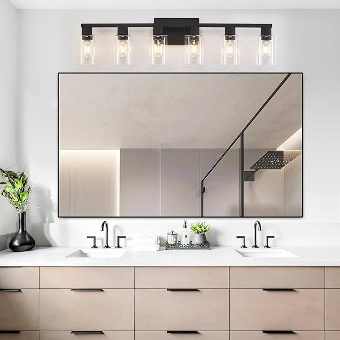 Black Bathroom Light Fixtures, 6-Light Bathroom Lighting Fixtures Over Mirror with Clear Glass Shade, Matte Black Vanity Lights, 6 Light Count Large Vanity Light Fixture for Bath, Mirror,Wall Sconce