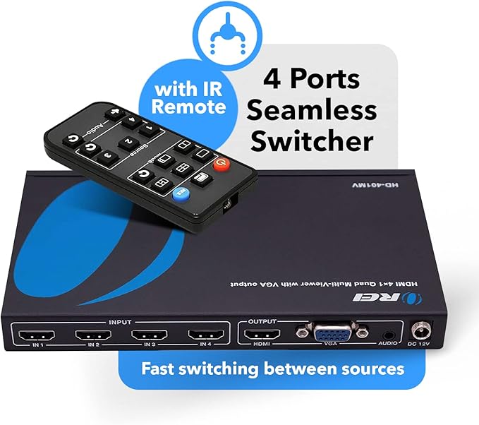 Quad Multi Viewer 4 in 1 Out by OREI HDMI Switcher 4 Ports Seamless Switcher and IR Remote Support 1080P for PS4/PC/DVD/Security Camera, HDMI Switch VGA Output - HD-401MV