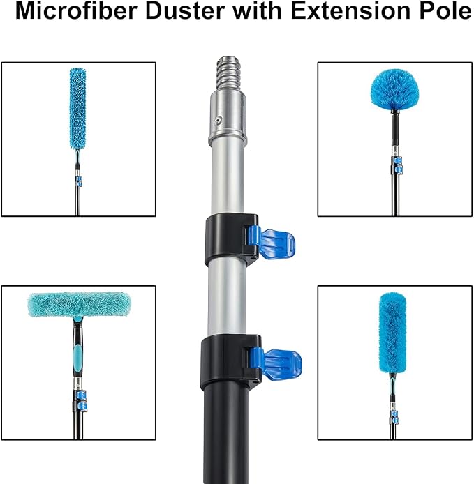 Hicavar High Ceiling Fan Duster with 5-8 Foot Extension Pole, Extendable Reusable Cobweb, Feather, Window Cleaning Squeegee Kit
