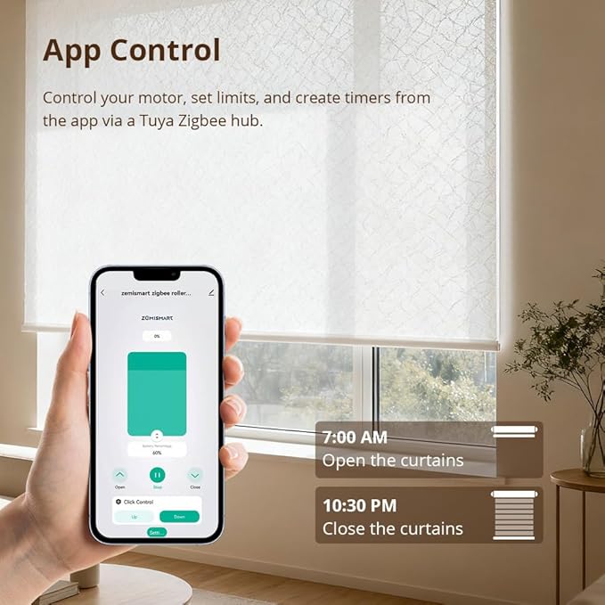 Blindsmart Rechargeable Tuya Zigbee Roller Blinds Motor for 38mm Tube, Motorized Window Shades Automatic Blinds Curtain Opener APP Control, Zigbee Hub Required (with 9-Channels Remote)