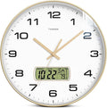 TIMESS Wall Clock, 12" Dial Non-Ticking Silent Battery Operated Analog with LCD Display for Perpetual Calendar and F° Temperature, Ideal Modern Home, Bedroom, Kitchen, Office Decor (Gold)