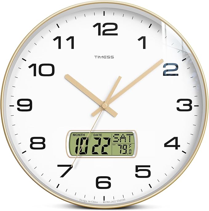TIMESS Wall Clock, 10" Dial Non-Ticking Silent Battery Operated Analog with LCD Display for Perpetual Calendar and F° Temperature, Ideal Modern Home, Bedroom, Kitchen, Office Decor (Gold)