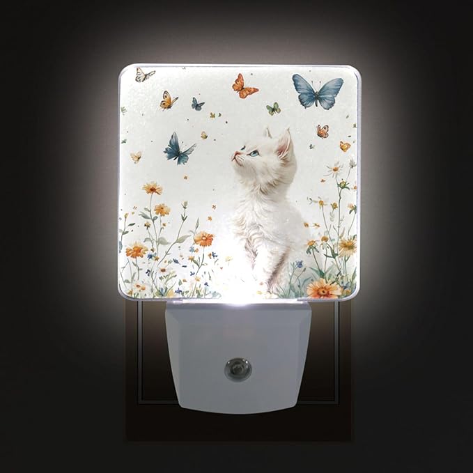 Pigsaly Led Night Light Butterfly Watercolor White Cat Night Light Plug in Wall Lamp Smart Dusk to Dawn Sensor Nightlight Led Lamp Energy Saving Lights Gift for Kids Room Bedroom Bathroom Hallway