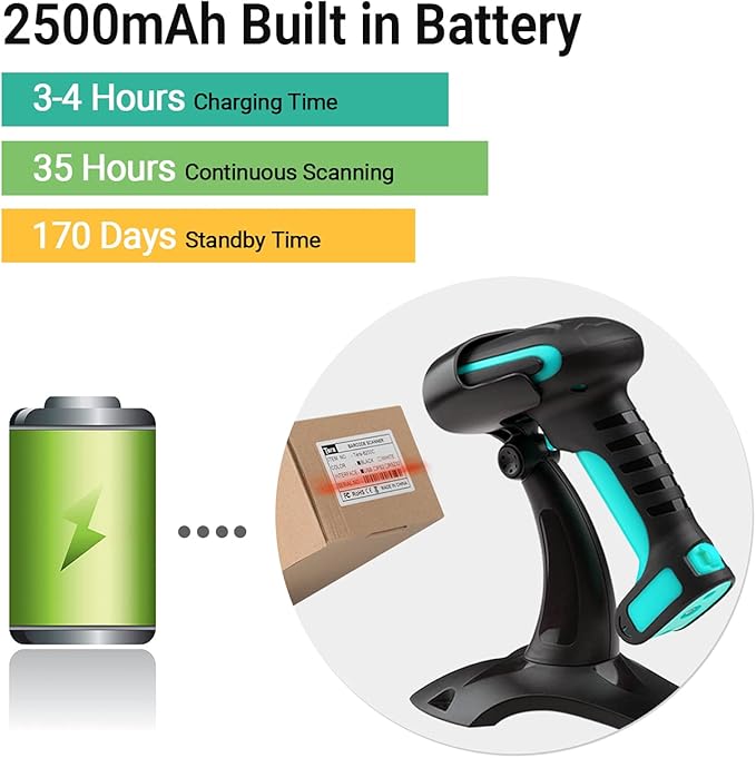 Tera 1D 2D QR Barcode Scanner Wireless with Stand, Heavy Duty Industrial IP66 Drop Resistance, Image Scanning Handheld Reader Compatible for Bluetooth with Vibration Alert Model 8100, Battery Powered
