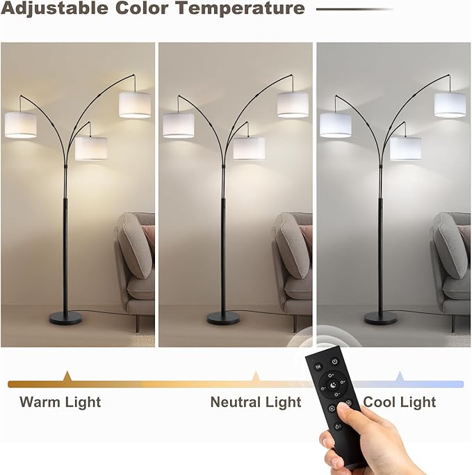 Fansdrick Floor lamp with Remote, 3 Light Arc Floor Lamps for Living Room, 2400LM Tall Standing Floor Lamps with White Shades, 80" Large Floor Lamp for Bedroom, Office