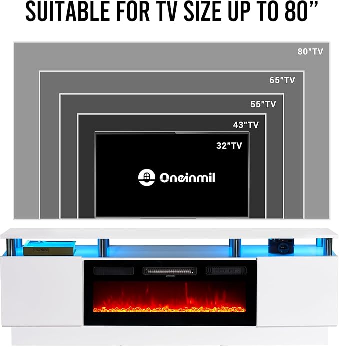 oneinmil Fireplace TV Stand with 36" Electric Fireplace,LED Light Entertainment Center,2 Tier TV Console Stand for TVs Up to 80",Fireplace for The Living Room TV Stand,White