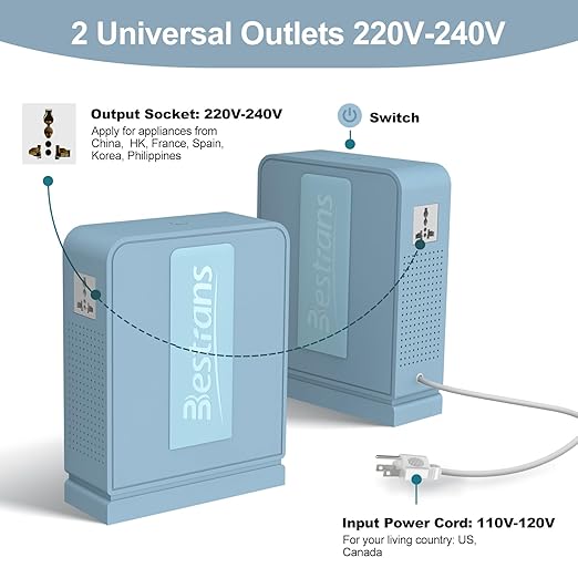 BESTRANS 3000W Step Up Transformer 110v to 220v Converter, Heavy Duty Voltage Converter 110v-120v to 220v-240v with Dual Outlets, Overload Protection & Ultra-Quiet for Home Appliances, Light Blue