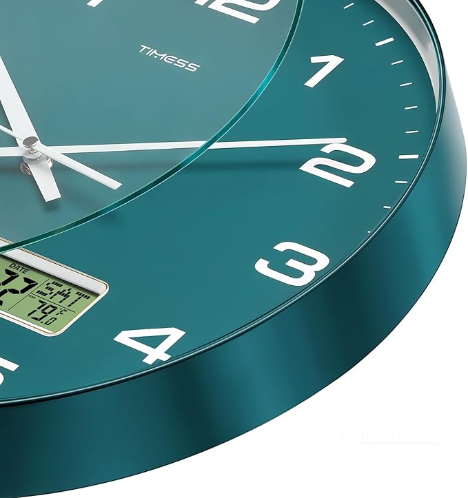 TIMESS Wall Clock, 10" Dial Non-Ticking Silent Battery Operated Analog with LCD Display for Perpetual Calendar and F° Temperature, Ideal Modern Home, Office Decor (Green)