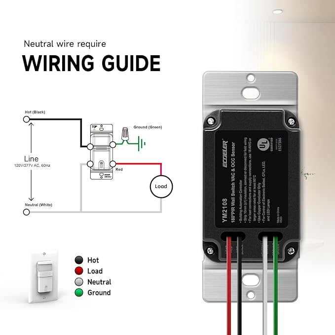 ECOELER Motion Sensor Light Switch, Occupancy & Vacancy Model Motion Activated Wall Switch, Single Pole Sensor Switch for Laundry, Garage, Neutral Wire Required, UL & FCC Listed