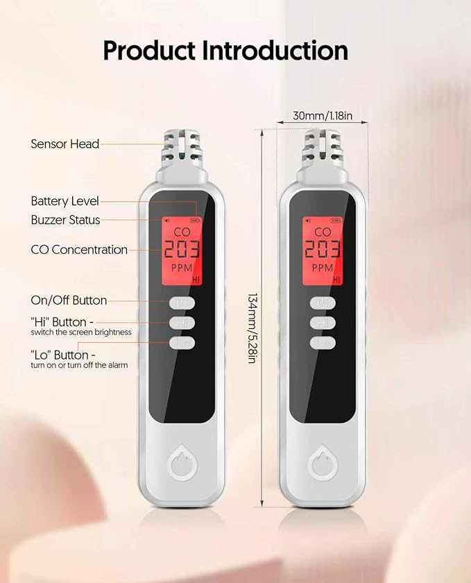 PUTECCH Carbon Monoxide Detectors Portable CO Detector Battery Powered, Handheld Carbon Monoxide Monitor Alarm Detector with LCD Display for Home/Outdoor/Travel (Batteries Included) (White)