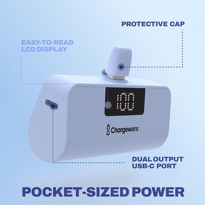 CHARGEWORX Mini Portable Charger Power Bank with Built-in USB-C Connector, Compact 5,000 mAh Power Bank with Fast-Charge Dual Output, Pass-Through Charging, LCD Display for Battery Status, Coral Blue