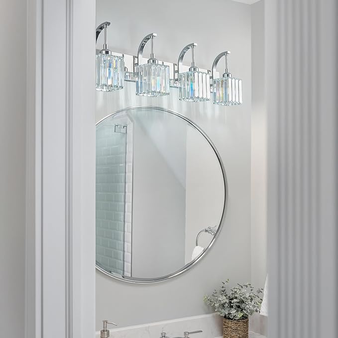 FDPBY Crystal Vanity Lights 4-Light Chrome Bathroom Vanity Lights Modern Crystal Bathroom Light Fixtures Over Mirror 32.67" Long Vanity Light for Bathroom