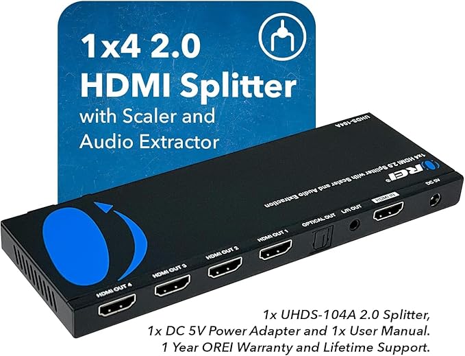 OREI 1x4 2.0 HDMI Splitter with Scaler Audio Extractor 4 Ports with Full Ultra HDCP 2.4K at 60Hz & 3D Supports EDID Control - UHDS-104A