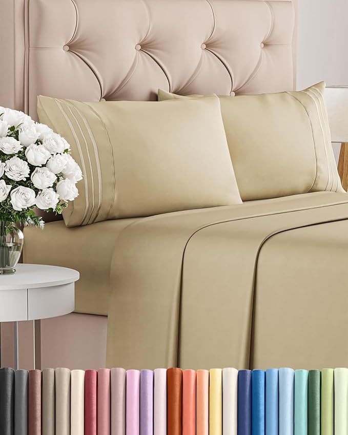 King Size 4 Piece Sheet Set - Comfy Breathable & Cooling Bed Sheets Set - Hotel Luxury Bedding for Women, Men, Kids, Teens, Boys & Girls - Deep Pockets, Ultra-Soft and Wrinkle Free - Oeko-Tex - Beige