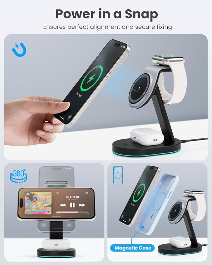 3 in 1 Wireless Charger Charging Station for iPhone,Qi2 Certified 15W Magnetic Charging Stand for Mag-Safe with 30W USB C Adapter&Friendly Night Light for iPhone 16/15/14/13/12,Apple Watch,AirPods