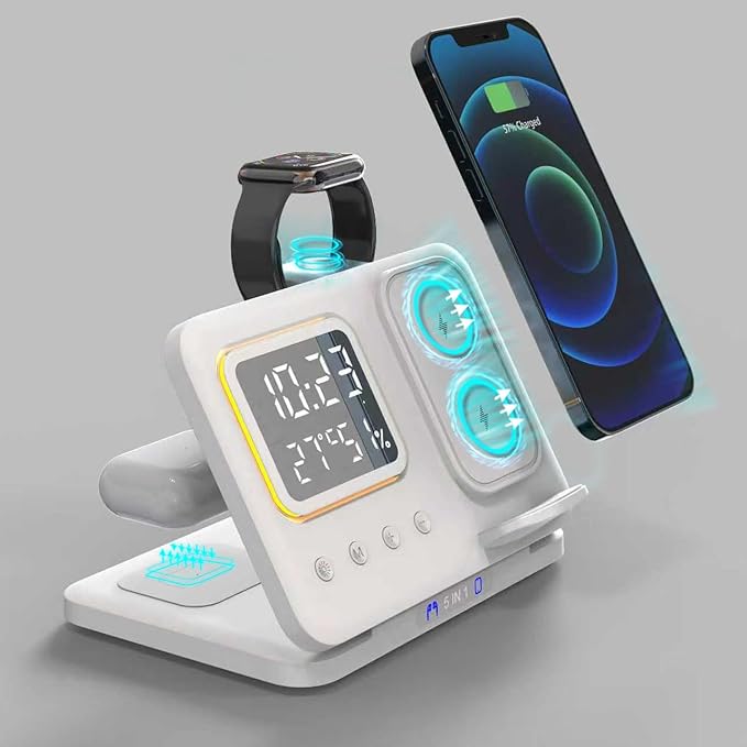 AYI 5in1 Multi Functional Wireless Charging Station with Digital Clock 15W Fast Charge Night Light Temperature Humidity Monitor Wireless Charger for All Qi Phone TWS Headphone and Apple Watch-White