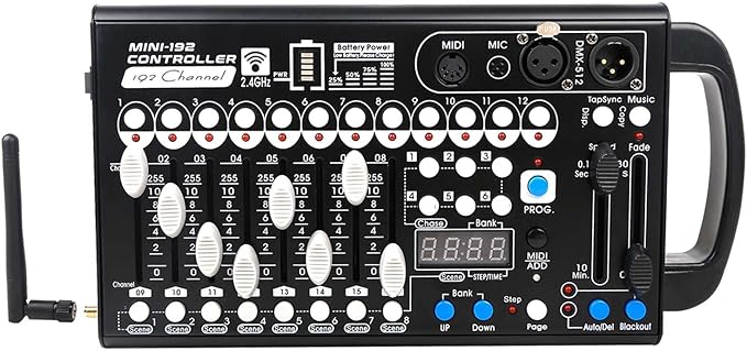 Battery DMX Controller Wireless with MIDI, DMX Board 512 Light Controller for Dj Lights, Dmx512 Lighting Console 192ch with Built-in Battery for Control Stage Light