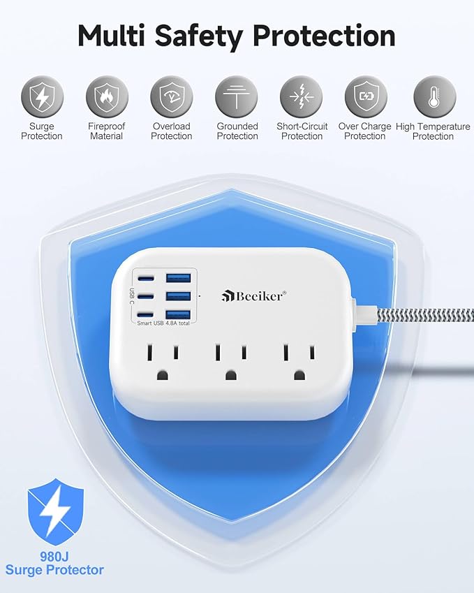 Beeiker Short Extension Cord 1 Ft- 6 USB(3 USB C) Travel Power Strip with 24W USB Charging Station and 3 Outlets, 1Ft Small Flat Plug Extension Cord Surge Protector for Travel Home College Dorm 1625W