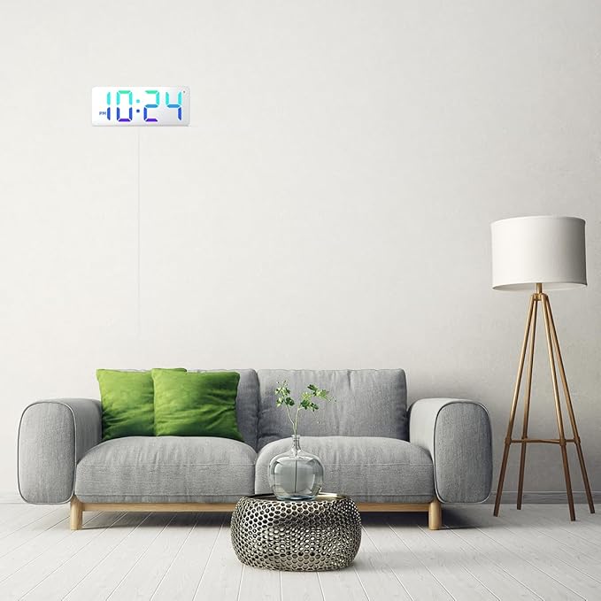 XUANZIT LED Digital Wall Clock with RGB Display, Mirror/White Surface, Big Digits, Auto-Brightness, Electric Wall Clock for Living Room, Bedroom, Kitchen, Office