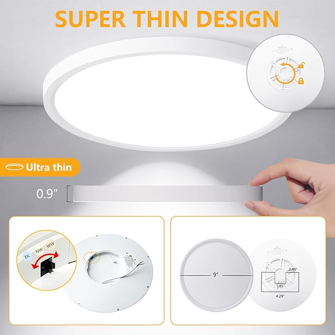 RLEDPZTX Led Flush Mount Ceiling Light,9 Inch 18w 1860lm,3000k/4000k/6000k 3CCT Selectable, Round Modern Flat Panel Super Slim Led Ceiling Light,for Living Dining Kitchen Bedroom Room (6Pack-White)