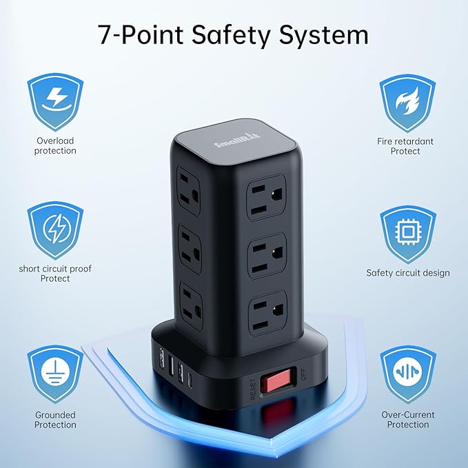 PD20W Surge Protector Power Strip Tower, 15FT Extension Cord with Multiple Outlets, 12 AC 4 USB (1 USB C)，Mini Power Strip with USB Ports, Surge Protector Tower Overload Protection for Office, Desk