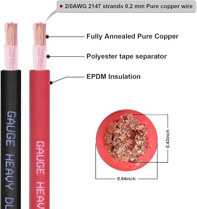 Shirbly 2/0 Gauge Battery Cable, 20FT Red + 20FT Black 2/0 AWG Pure Copper Wire Welding Cable, for Automotive, Battery, Solar and Generator, Standard USA OFC Wire