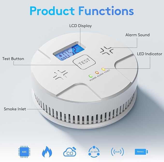 6 Packs,2 in 1 Technology, Smoke,Carbon Monoxide Detector, Co Alarm,85db Alert,LCD Readout,3 Color LED Indication,(Green Light Blinking at Work), with 3 AA Batteries,Easy Install,for Home and Kitchen