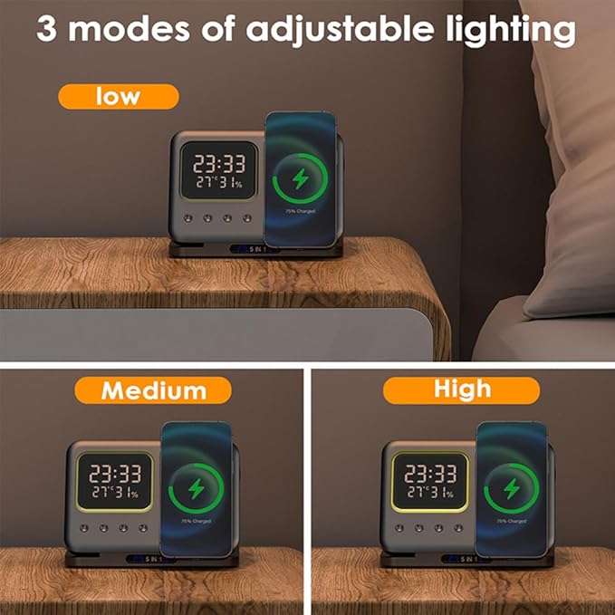 AYI 5in1 Multi Functional Wireless Charging Station with Digital Clock 15W Fast Charge Night Light Temperature Humidity Monitor Wireless Charger for All Qi Phone TWS Headphone and Apple Watch-Black