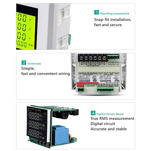 Three-phase Multifunctional Digital Energy Meter, High Accuracy Voltage Current Display, Programmable Electric Power Meter Digital LED Ammeter Voltmeter