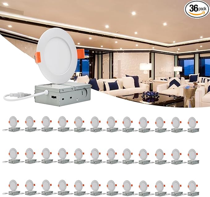 MKUJOO 36 Pack 6 Inch Ultra-Thin LED Recessed Ceiling Light with Junction Box,panel light,Daylight, 13W,2700K/3000K/3500K/4000K/5000K Selectable Dimmable Downlight ETL&FCC&CE and Energy Star Certified