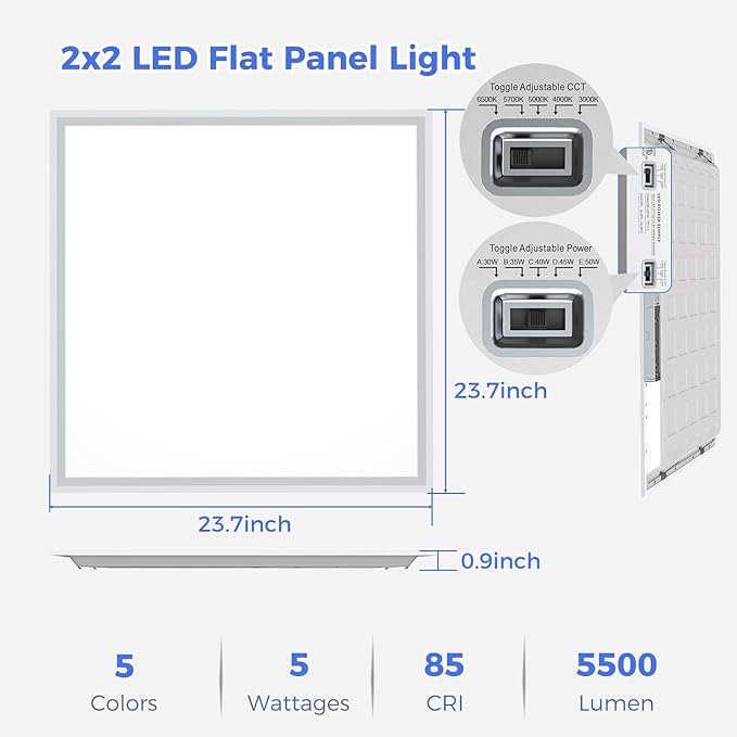 AIKVSXER 1 Pack 2x2 LED Flat Panel Light - Selectable 5 CCT 3000K-6500K & 5 Wattage 30-50W 5500Lm 0-10V Dimmable 2x2 led Drop Ceiling Lights 120-277V for Commercial and Home