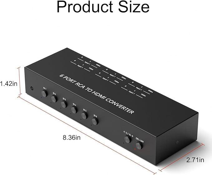 ZUZONG 6 Way RCA to HDMI Converter 1080P/720P RCA Composite CVBS AV Switch to HDMI Converter Adapter Support 4:3/16:9 Switch for Sega Xbox PS1 PS2 PS3 N64 NGC SNES WII VHS VCR Camera DVD