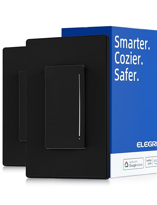 ELEGRP Smart Dimmer Light Switch DTR10, Single Pole Setup, 2.4GHz Wi-Fi Touch Dimmer Compatible with Alexa and Google Assistant, Needs Neutral Wire, No Hub Required, UL&FCC Listed, Black, 2 Pack