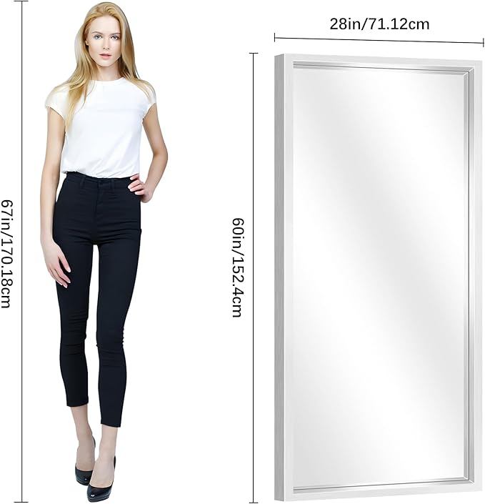 Silver Bathroom Mirror, 28x60 Inch Brushed Silver Rectangle Mirror for Wall, 0.6" Thickened Deep Frame Mirrors for Over Sink, Shatterproof Tempered Glass, Antirust, Horizontally or Vertically