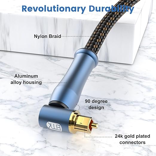 EMK 90 Degree Toslink Optical Cable 24K-Gold Connector 360 Degree Free-Rotating Plug Fiber Optic Cable S/PDIF Toslink Male to Male for Home Theater, Sound Bar, TV, PS4, Xbox (Blue,6.6ft/2m)