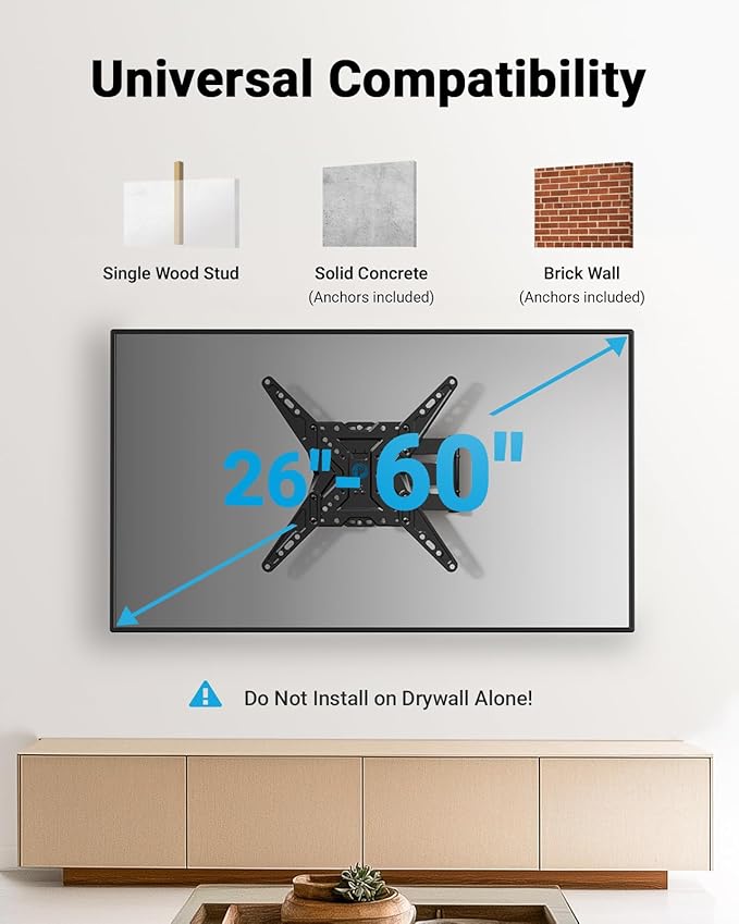 Pipishell Full Motion TV Wall Mount for Most 26-60 inch TVs, 55 inch Compatible, with Swivel, Tilt, Extension, Single Stud Articulating TV Mount Bracket, Holds up to 77 lbs, Max VESA 400x400mm, PIMF11